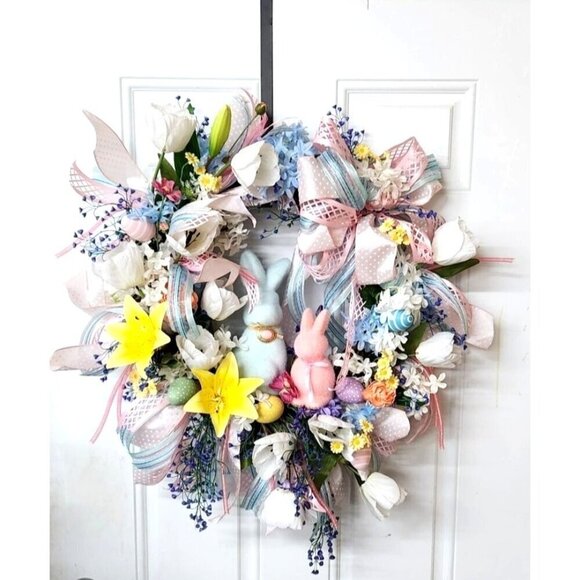 Spring Easter Wreath With Bunny Decorations Pastel Flowers & Ribbons 28" Diamete - Picture 1 of 7